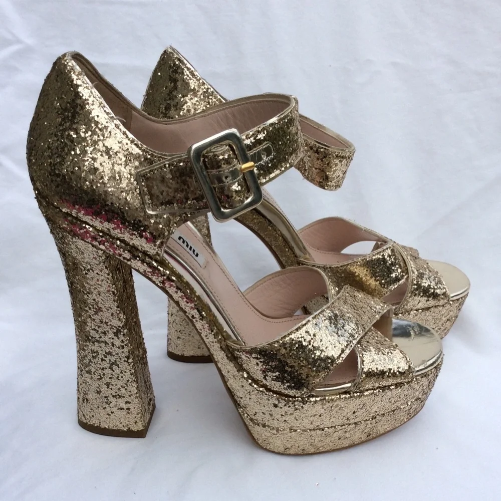 Miu Miu Glitter Crisscross Mary Jane Sandal, Gold - Picture 5 of 7
